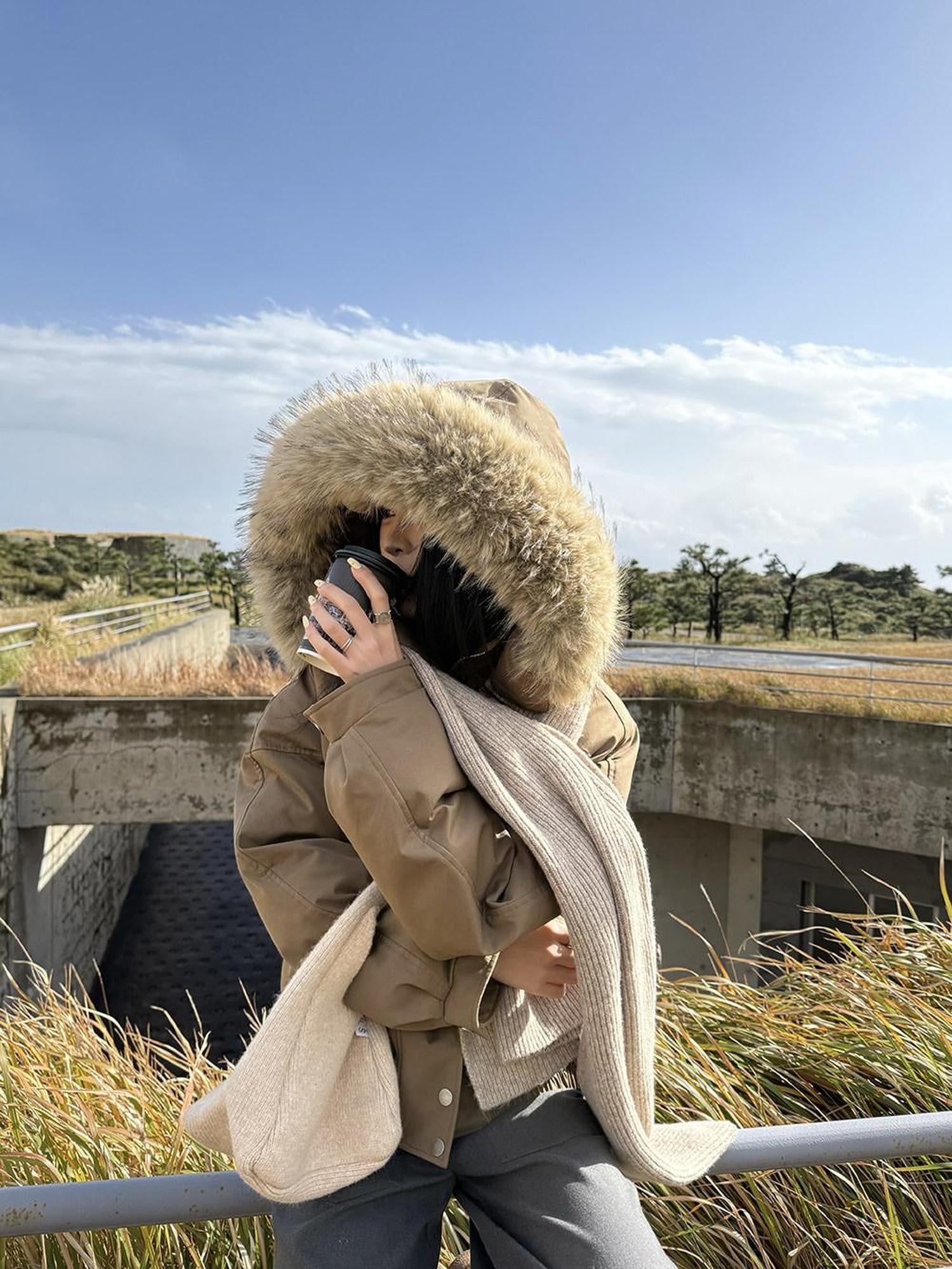 Fanptntox Brown Detachable Hood Large Fur Collar Women's White Duck Down Down Jackets