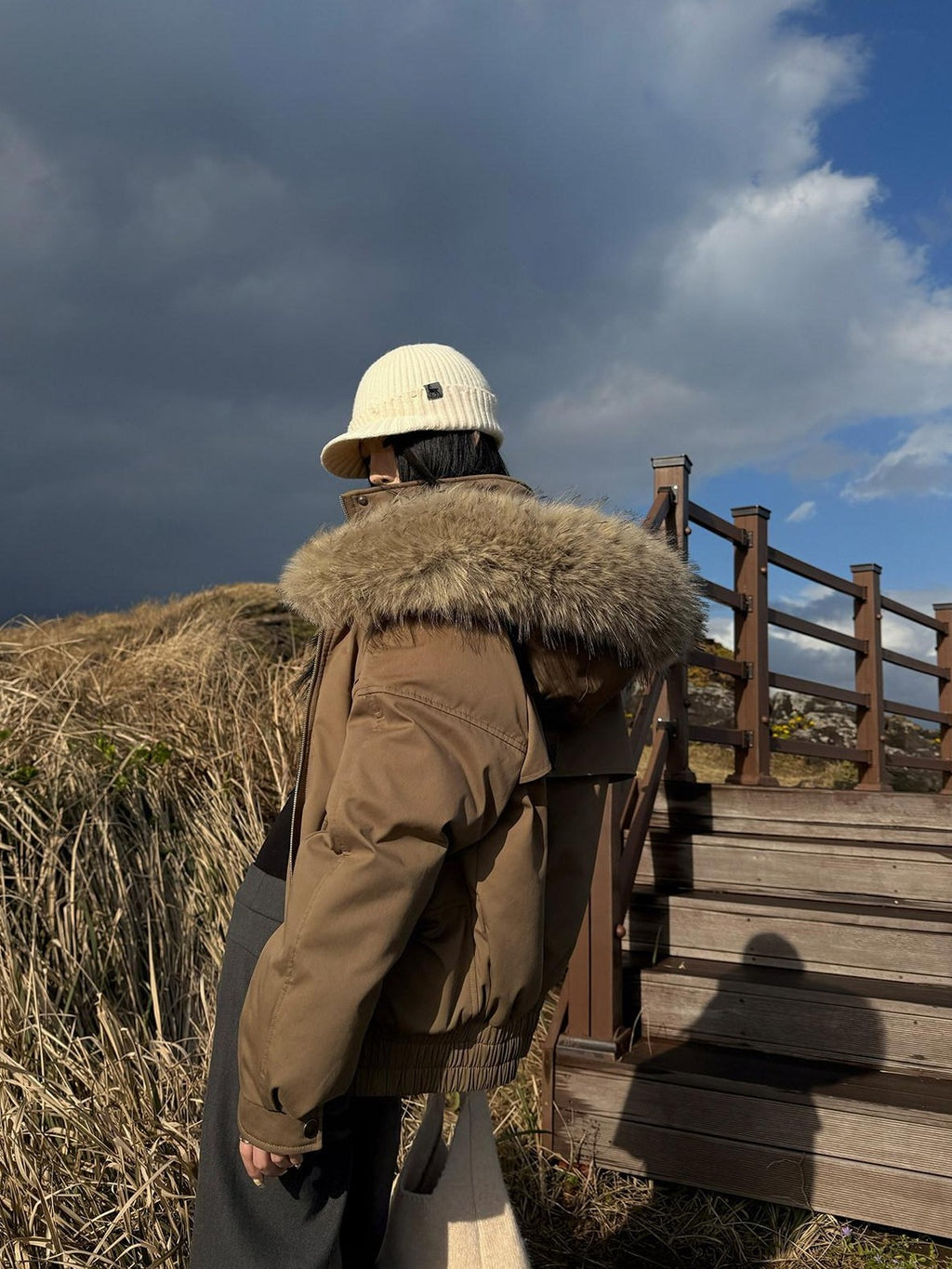 Fanptntox Brown Detachable Hood Large Fur Collar Women's White Duck Down Down Jackets