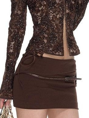 Fanptntox Brown Foldover Waist Drawstring Bodycon Women's Viscose Knit Mini Skirts