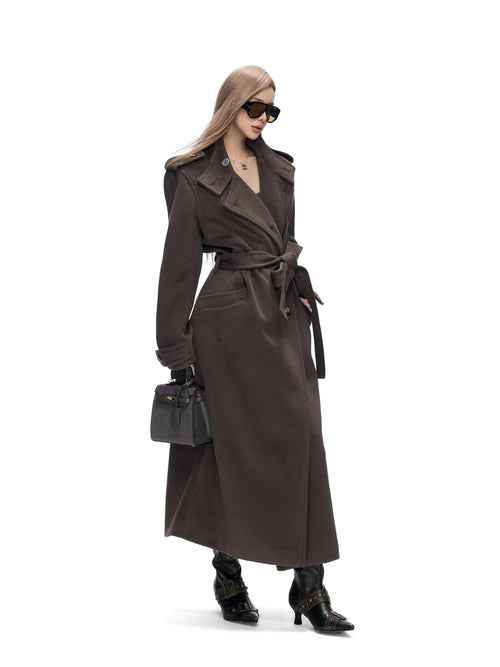 Fanptntox Brown Green Tie Waist Convertible Stand Collar Women's Polyester Long Coats