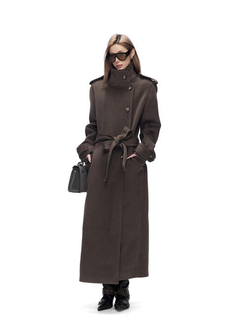Fanptntox Brown Green Tie Waist Convertible Stand Collar Women's Polyester Long Coats