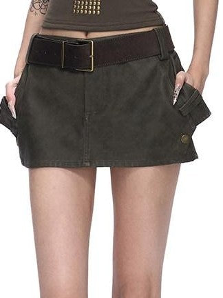 Fanptntox Brown Green Vintage Minimalist Studded Lettered Women's Pu Soft Belts