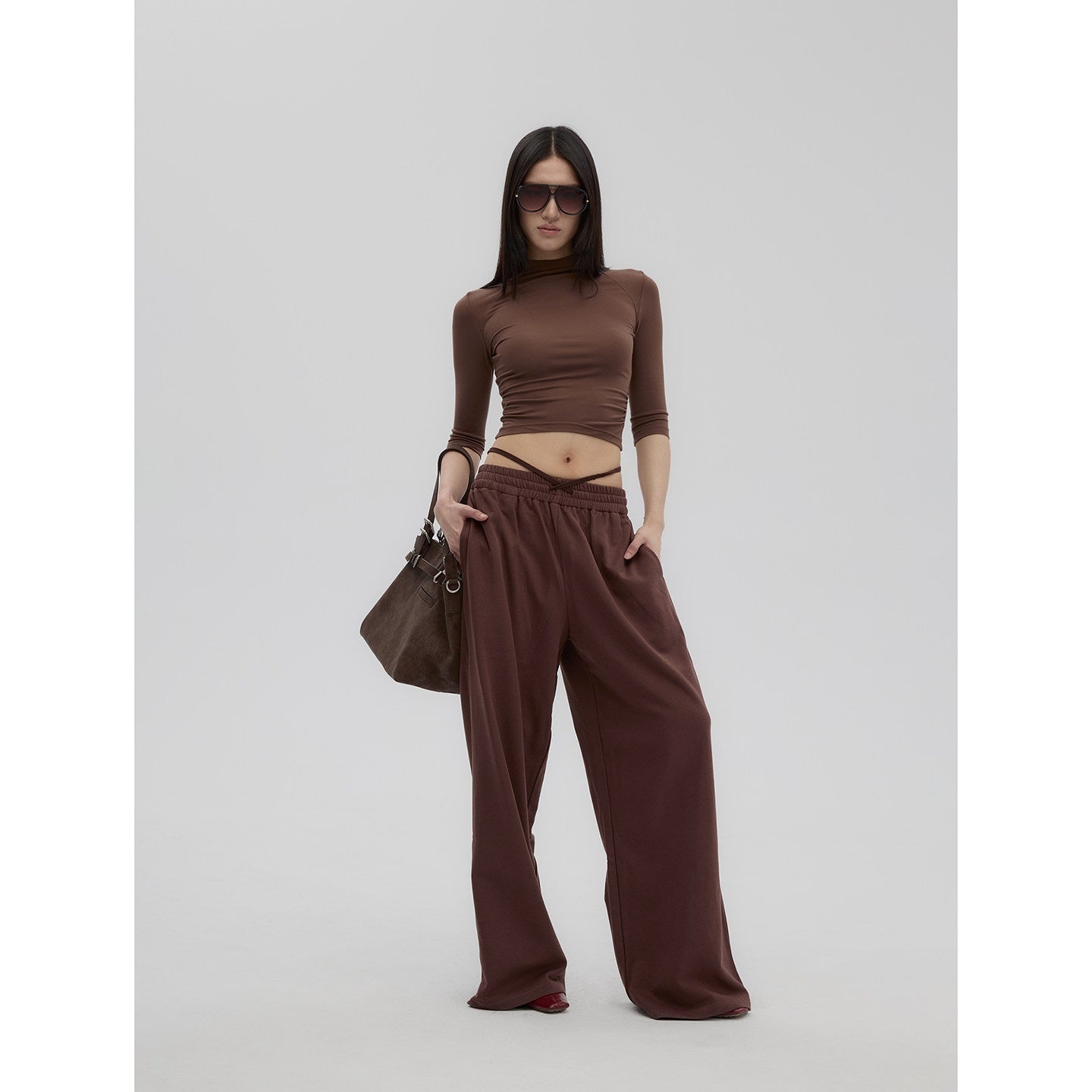 Fanptntox_Brown_Retro_Mock_Neck_Slim_Fit_Women's_Knit_Wide_Leg_Casual_Top_&_Pants_Sets_931134190894_MISSTT
