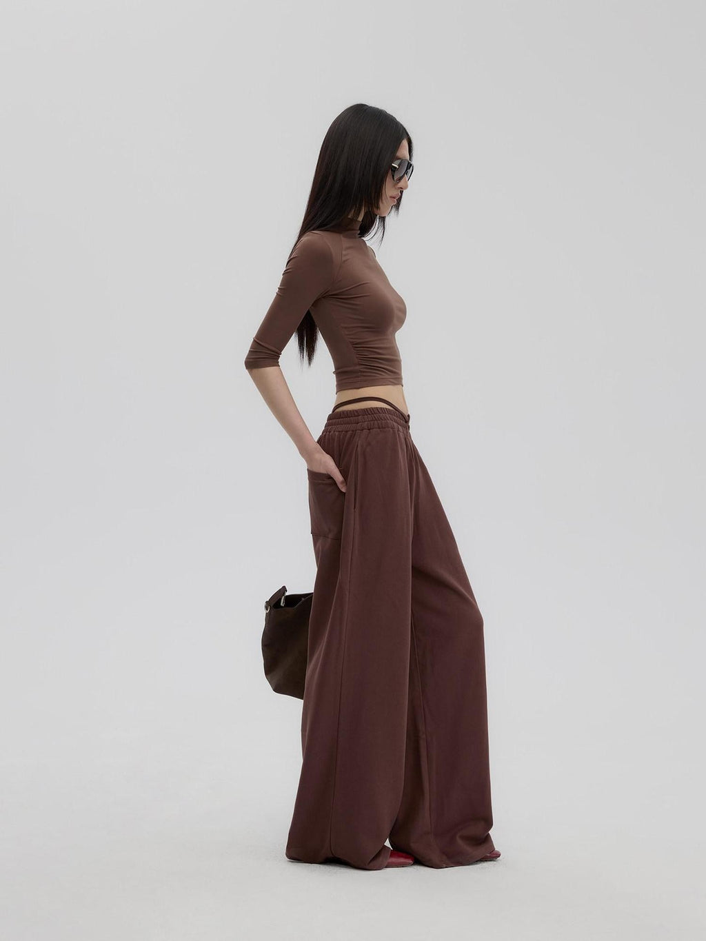 Fanptntox Brown Retro Mock Neck Slim Fit Women's Knit Wide Leg Casual Top & Pants Sets