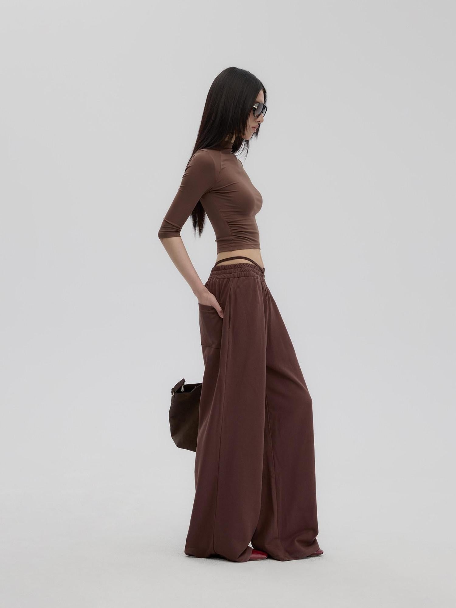 Fanptntox Brown Retro Mock Neck Slim Fit Women's Knit Wide Leg Casual Top & Pants Sets