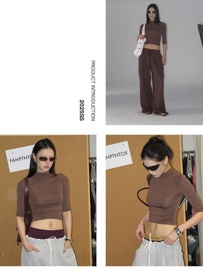 Fanptntox Brown Retro Mock Neck Slim Fit Women's Knit Wide Leg Casual Top & Pants Sets