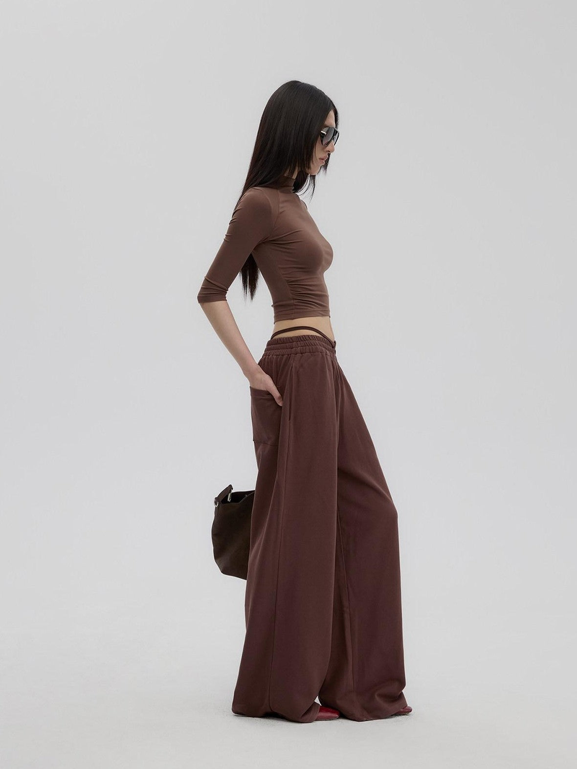 Fanptntox Brown Retro Mock Neck Slim Fit Women's Knit Wide Leg Casual Top & Pants Sets