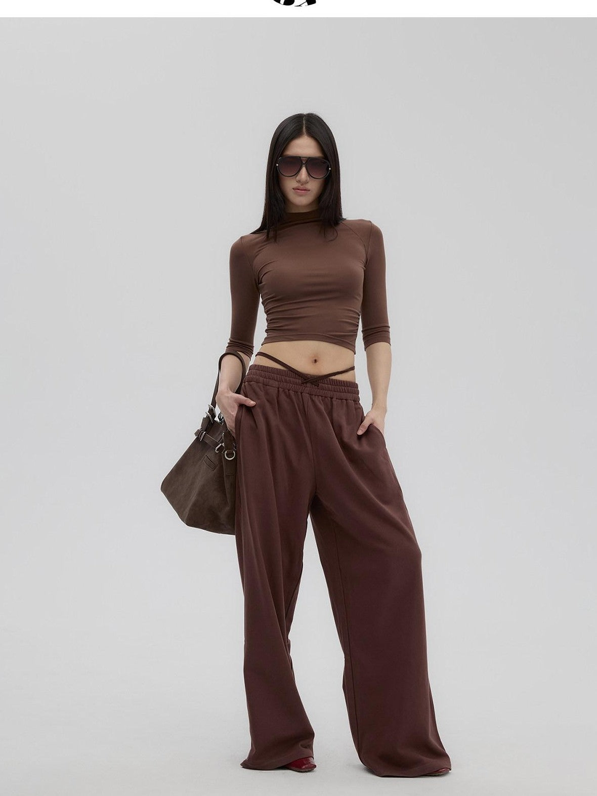 Fanptntox Brown Retro Mock Neck Slim Fit Women's Knit Wide Leg Casual Top & Pants Sets