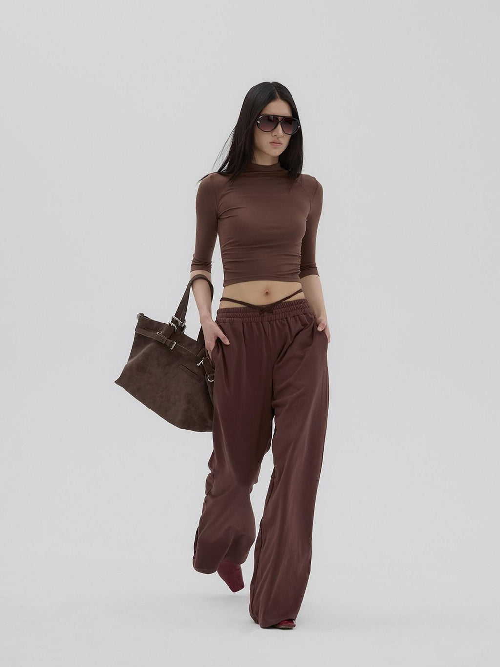 Fanptntox Brown Retro Mock Neck Slim Fit Women's Knit Wide Leg Casual Top & Pants Sets
