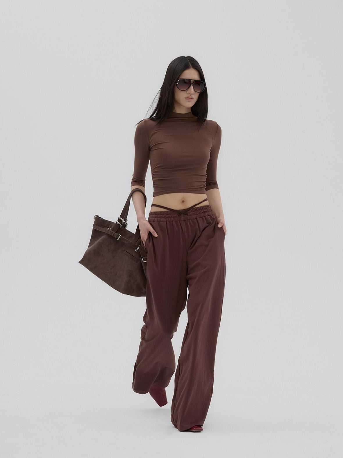 Fanptntox Brown Retro Mock Neck Slim Fit Women's Knit Wide Leg Casual Top & Pants Sets