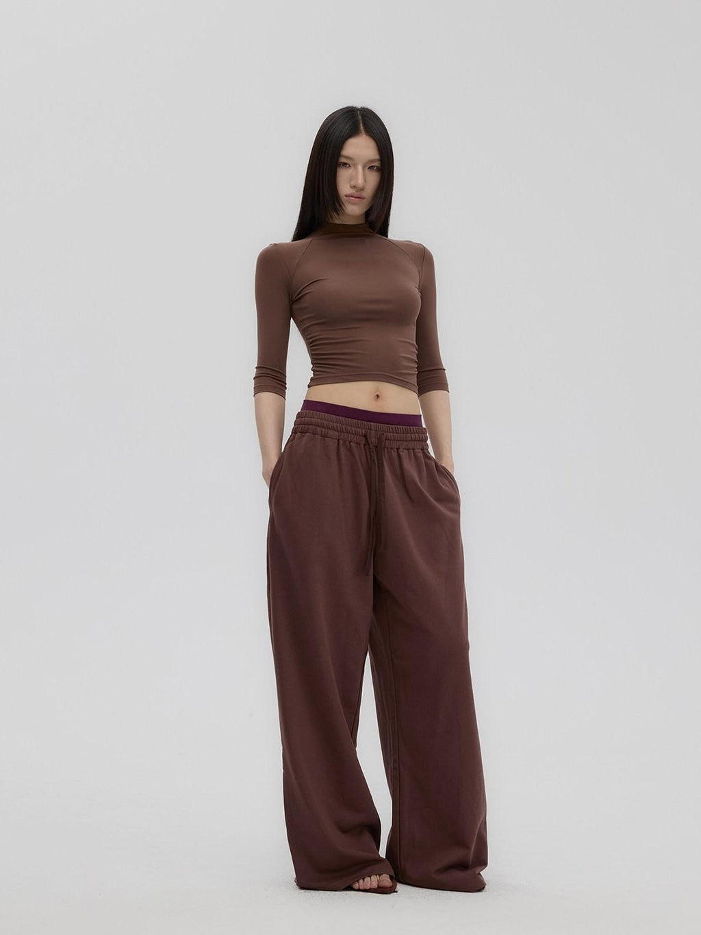 Fanptntox Brown Retro Mock Neck Slim Fit Women's Knit Wide Leg Casual Top & Pants Sets