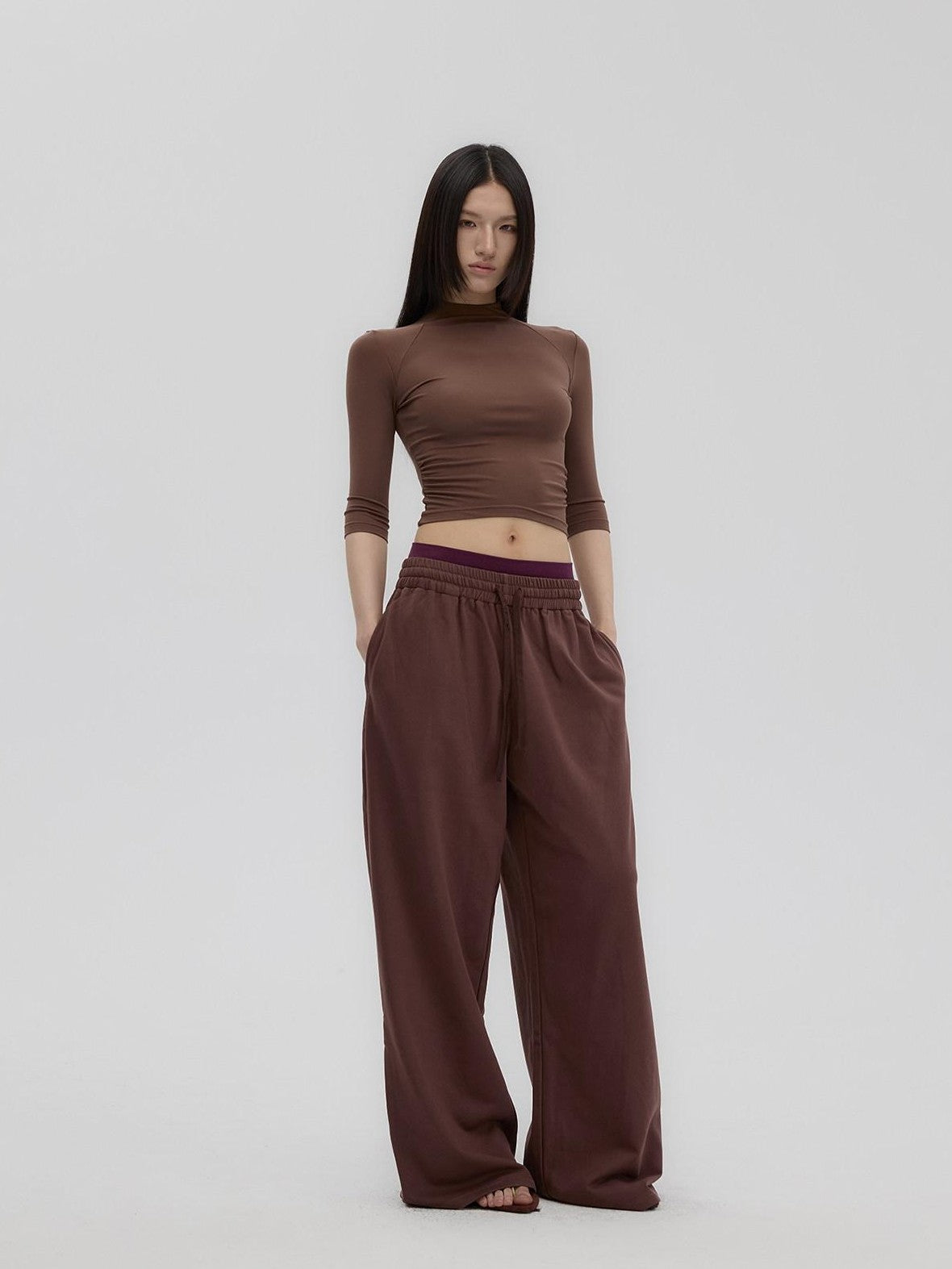 Fanptntox Brown Retro Mock Neck Slim Fit Women's Knit Wide Leg Casual Top & Pants Sets