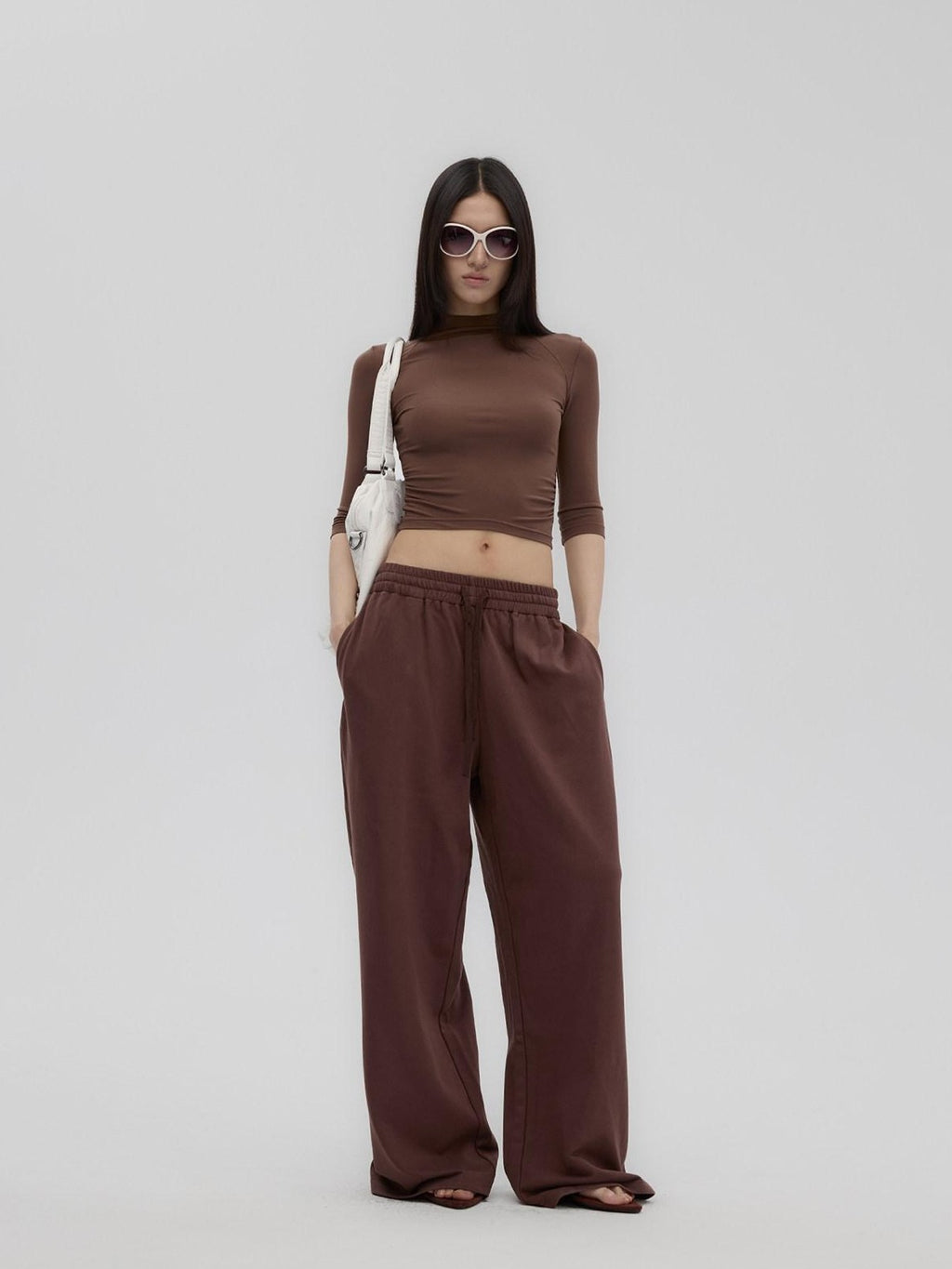 Fanptntox Brown Retro Mock Neck Slim Fit Women's Knit Wide Leg Casual Top & Pants Sets