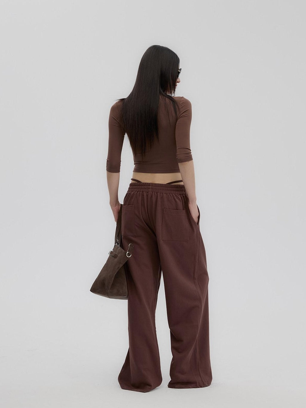 Fanptntox Brown Retro Mock Neck Slim Fit Women's Knit Wide Leg Casual Top & Pants Sets