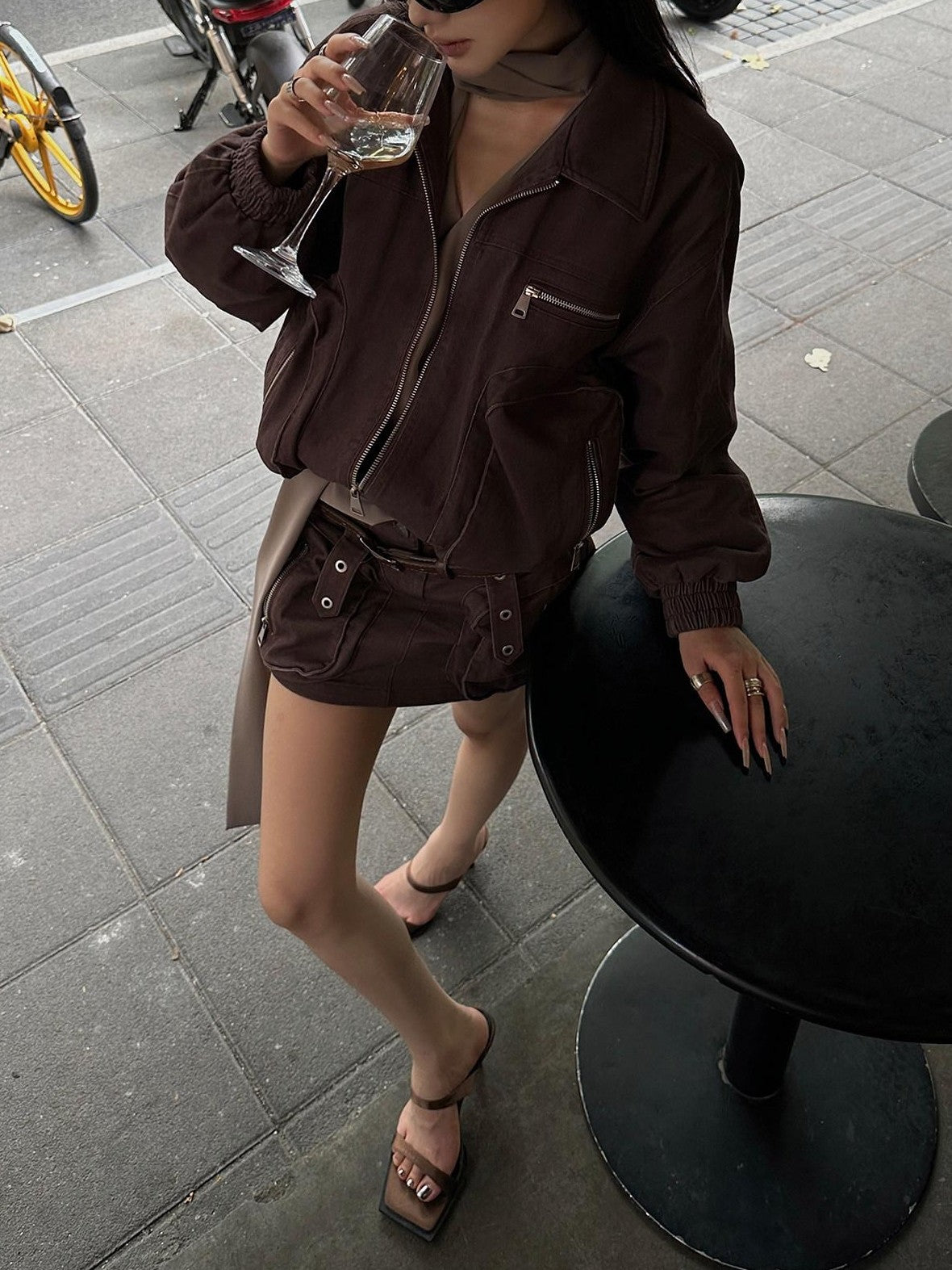 Fanptntox Brown Utility Jacket And Mini Skirt Women's Cotton Matching Skirt Sets