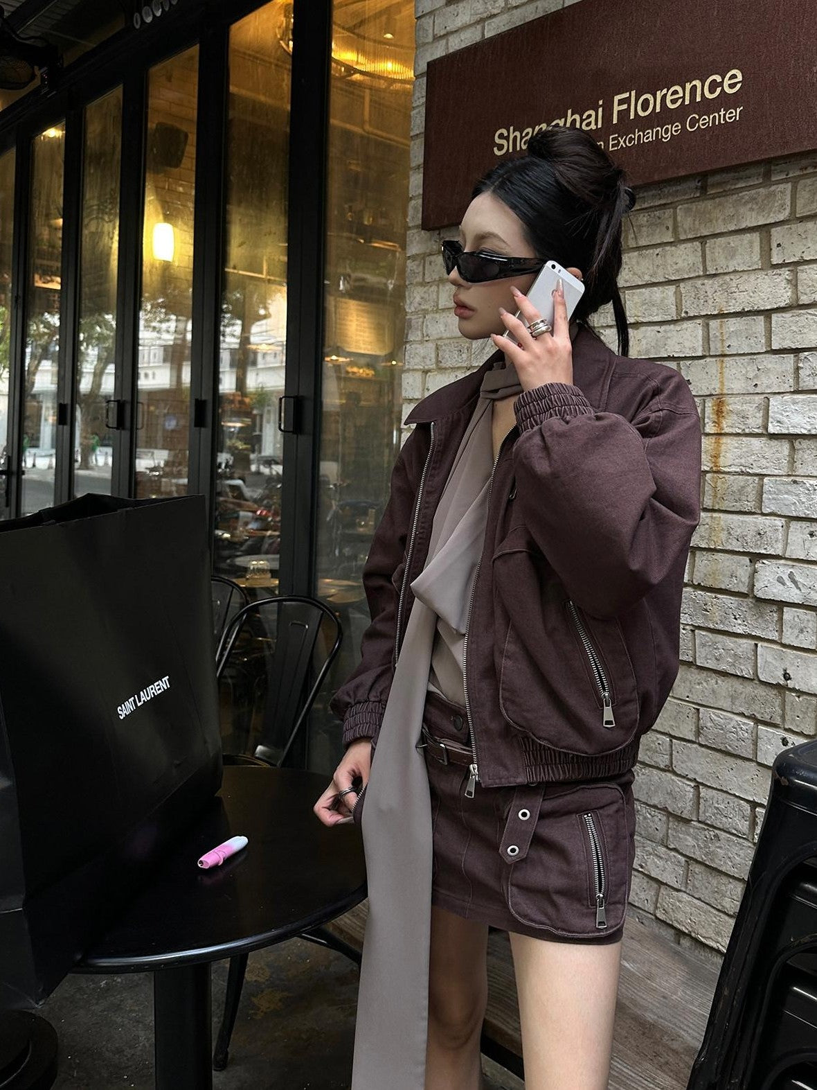 Fanptntox Brown Utility Jacket And Mini Skirt Women's Cotton Matching Skirt Sets