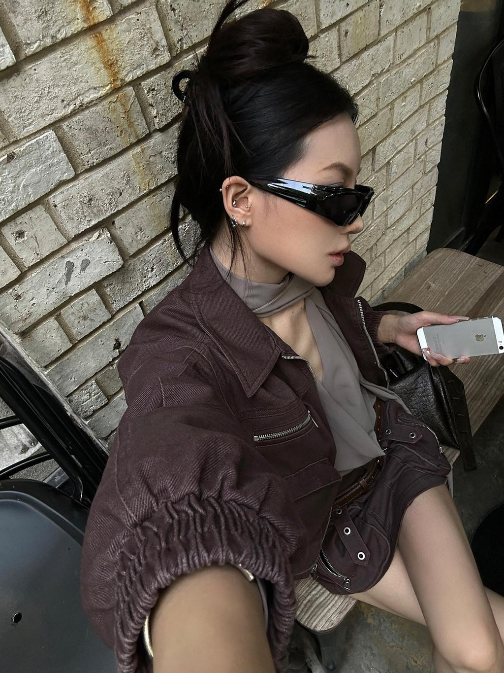 Fanptntox Brown Utility Jacket And Mini Skirt Women's Cotton Matching Skirt Sets