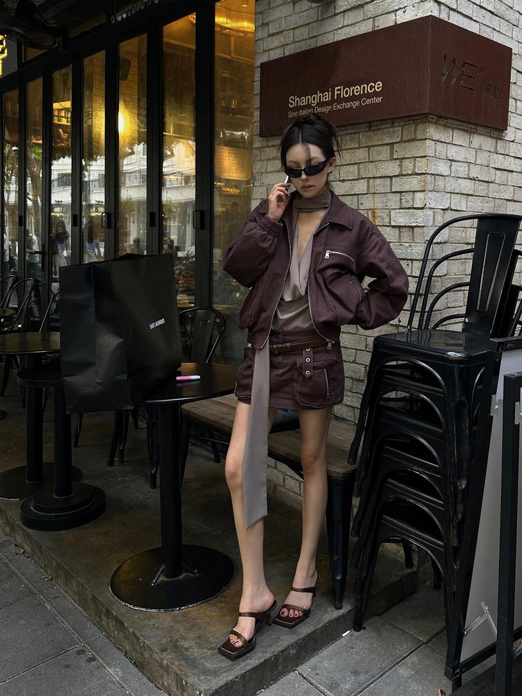Fanptntox Brown Utility Jacket And Mini Skirt Women's Cotton Matching Skirt Sets