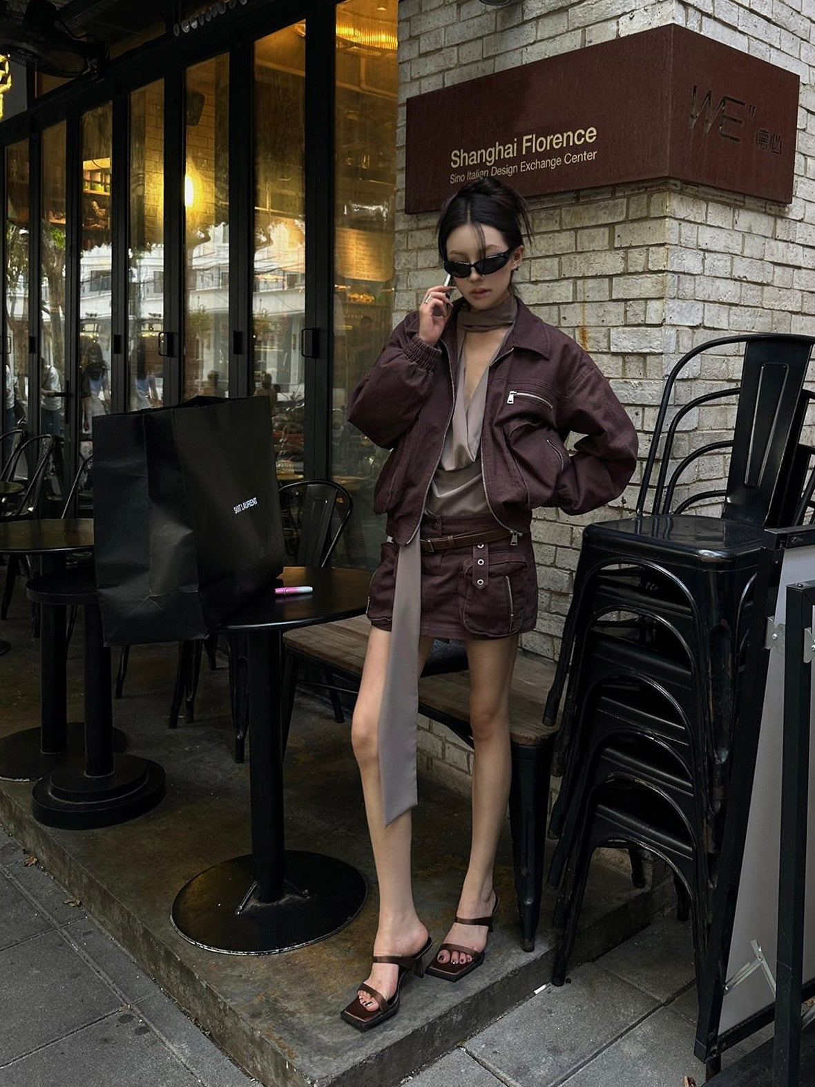 Fanptntox Brown Utility Jacket And Mini Skirt Women's Cotton Matching Skirt Sets