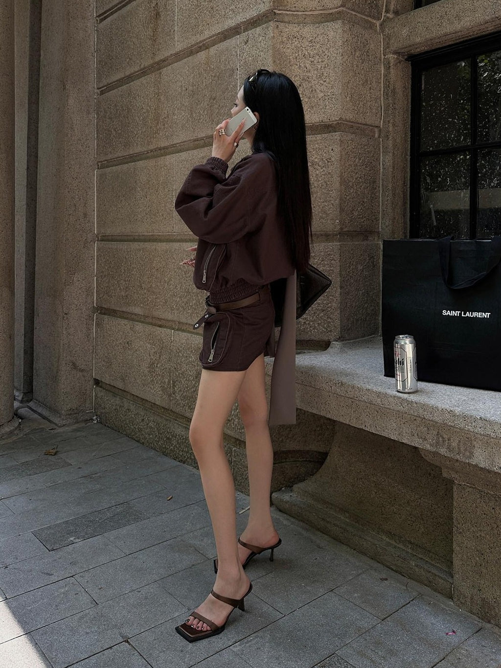 Fanptntox Brown Utility Jacket And Mini Skirt Women's Cotton Matching Skirt Sets