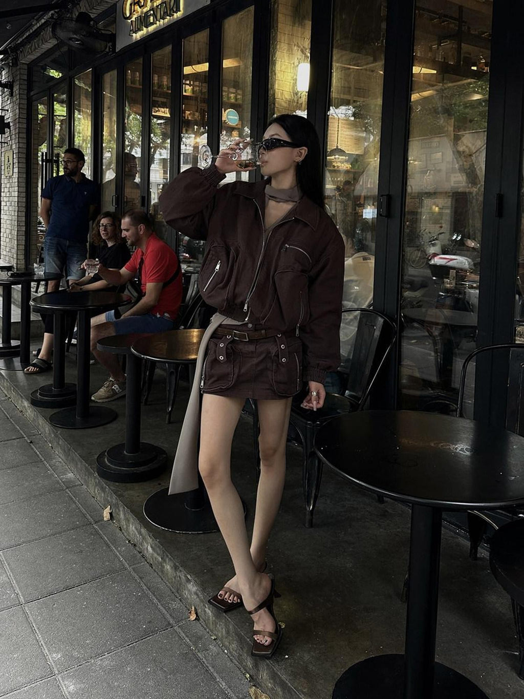 Fanptntox Brown Utility Jacket And Mini Skirt Women's Cotton Matching Skirt Sets