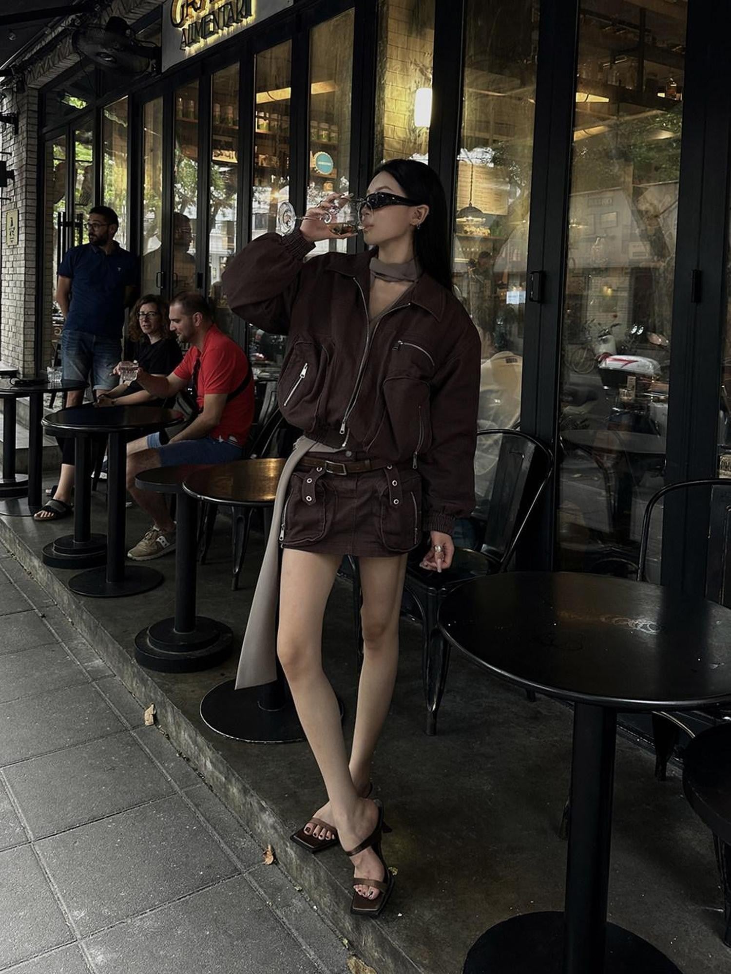 Fanptntox Brown Utility Jacket And Mini Skirt Women's Cotton Matching Skirt Sets