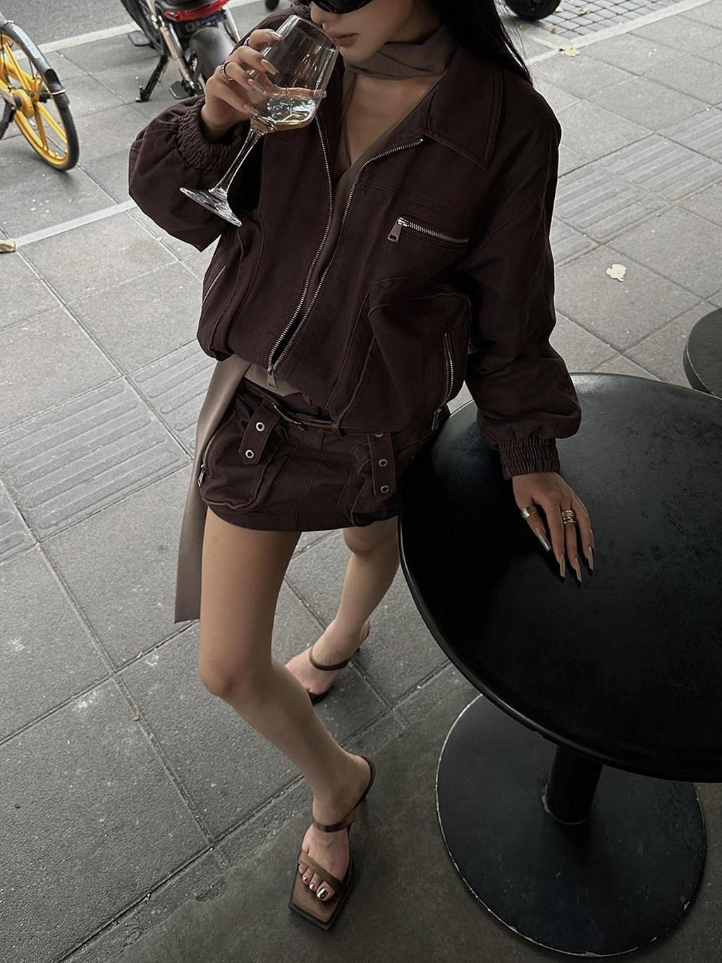 Fanptntox Brown Utility Jacket And Mini Skirt Women's Cotton Matching Skirt Sets