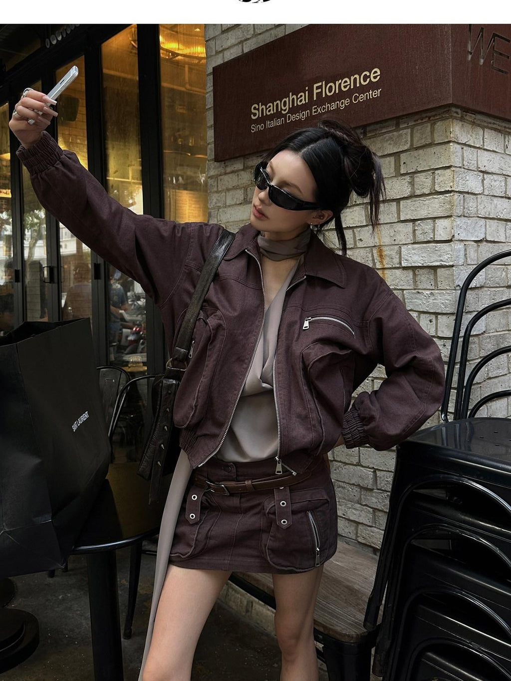 Fanptntox Brown Utility Jacket And Mini Skirt Women's Cotton Matching Skirt Sets
