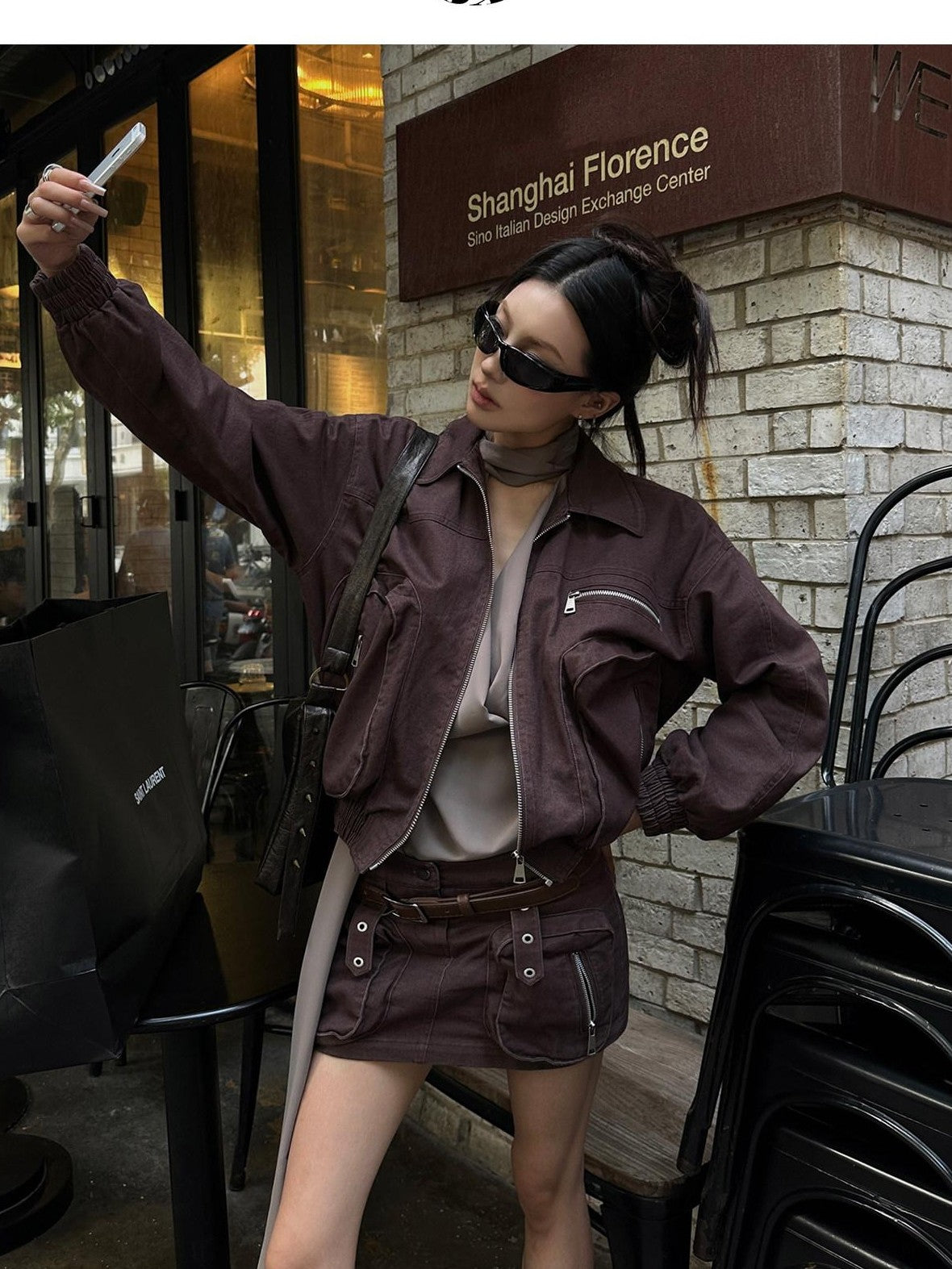 Fanptntox Brown Utility Jacket And Mini Skirt Women's Cotton Matching Skirt Sets