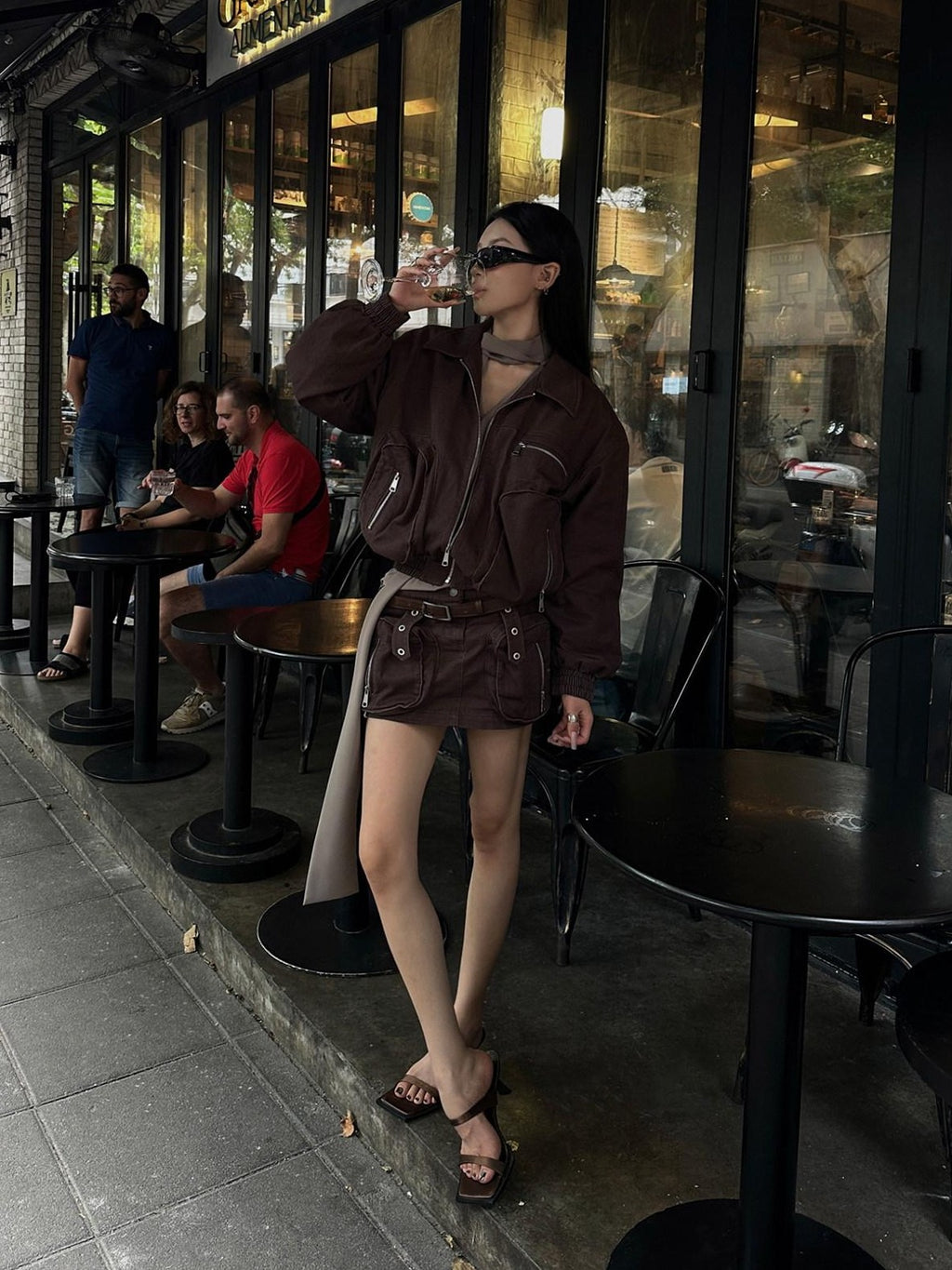 Fanptntox Brown Utility Jacket And Mini Skirt Women's Cotton Matching Skirt Sets