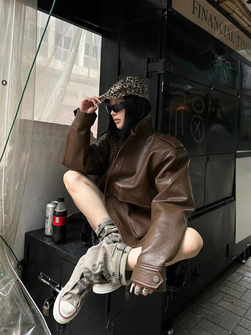 Fanptntox Brown Vintage Biker Stand Collar Single Row Button Women's Leather Jackets