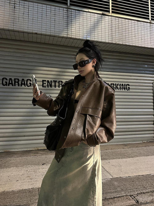 Fanptntox Brown Vintage Biker Stand Collar Single Row Button Women's Leather Jackets