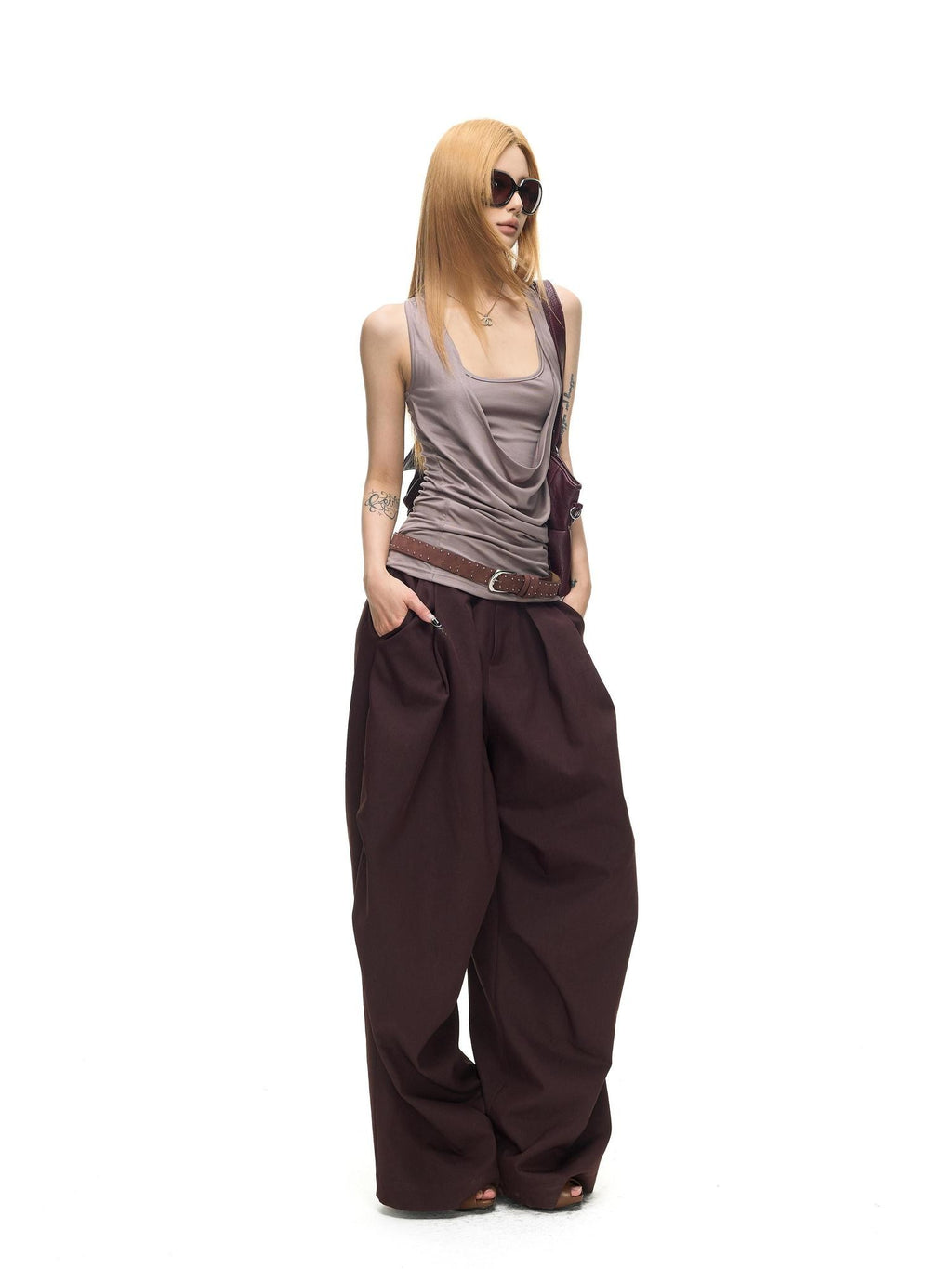 Fanptntox Brown Vintage Suede Riveted Studded Edgy Women's Suede Leather Belts