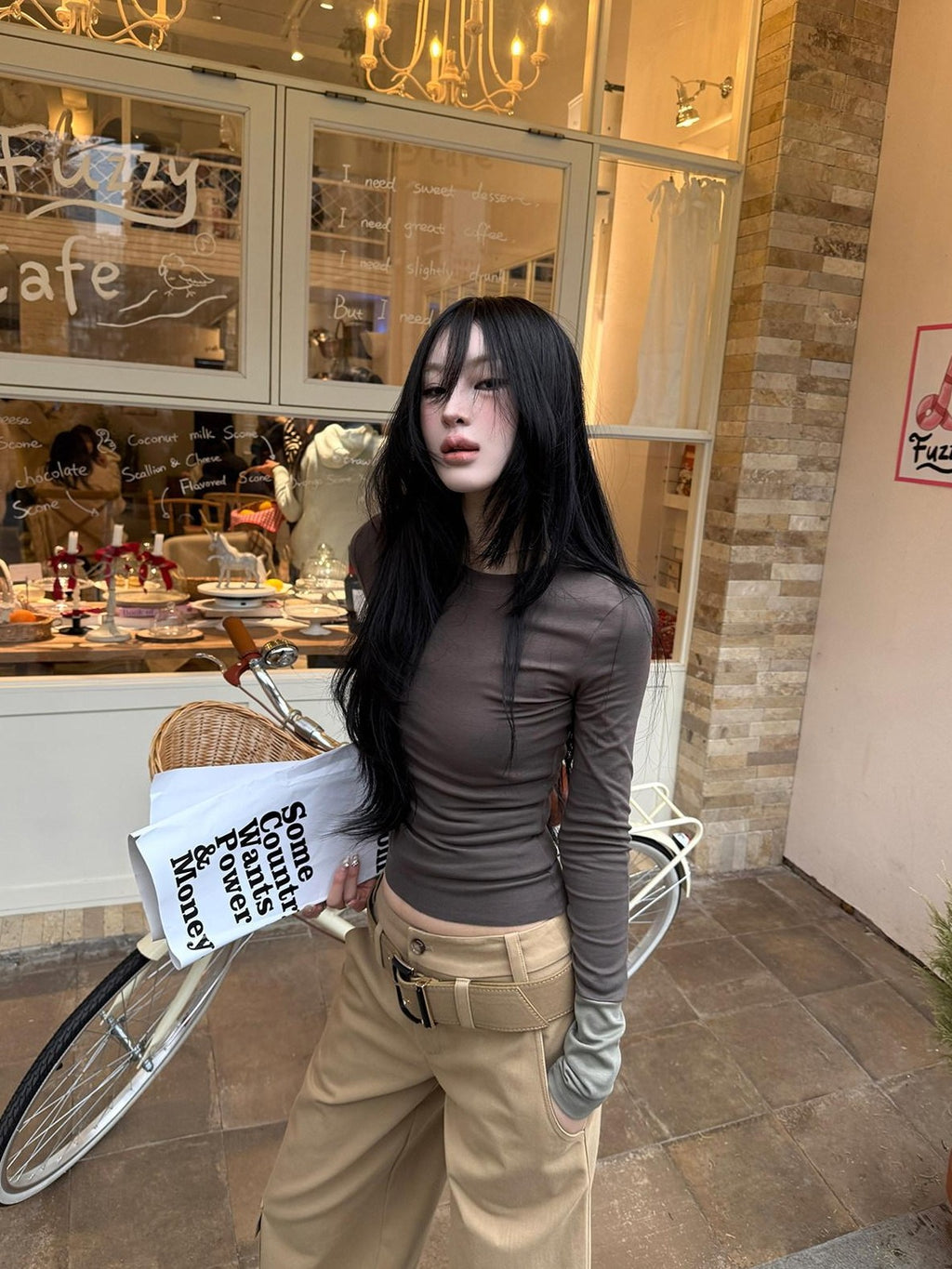 Fanptntox Brown Waist Pleated Knit Panel Slim Women's Knit Long Sleeve T-shirts