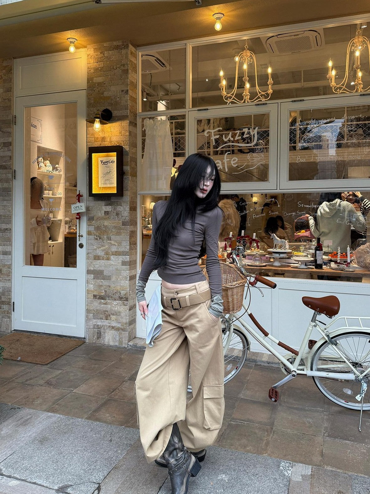Fanptntox Brown Waist Pleated Knit Panel Slim Women's Knit Long Sleeve T-shirts