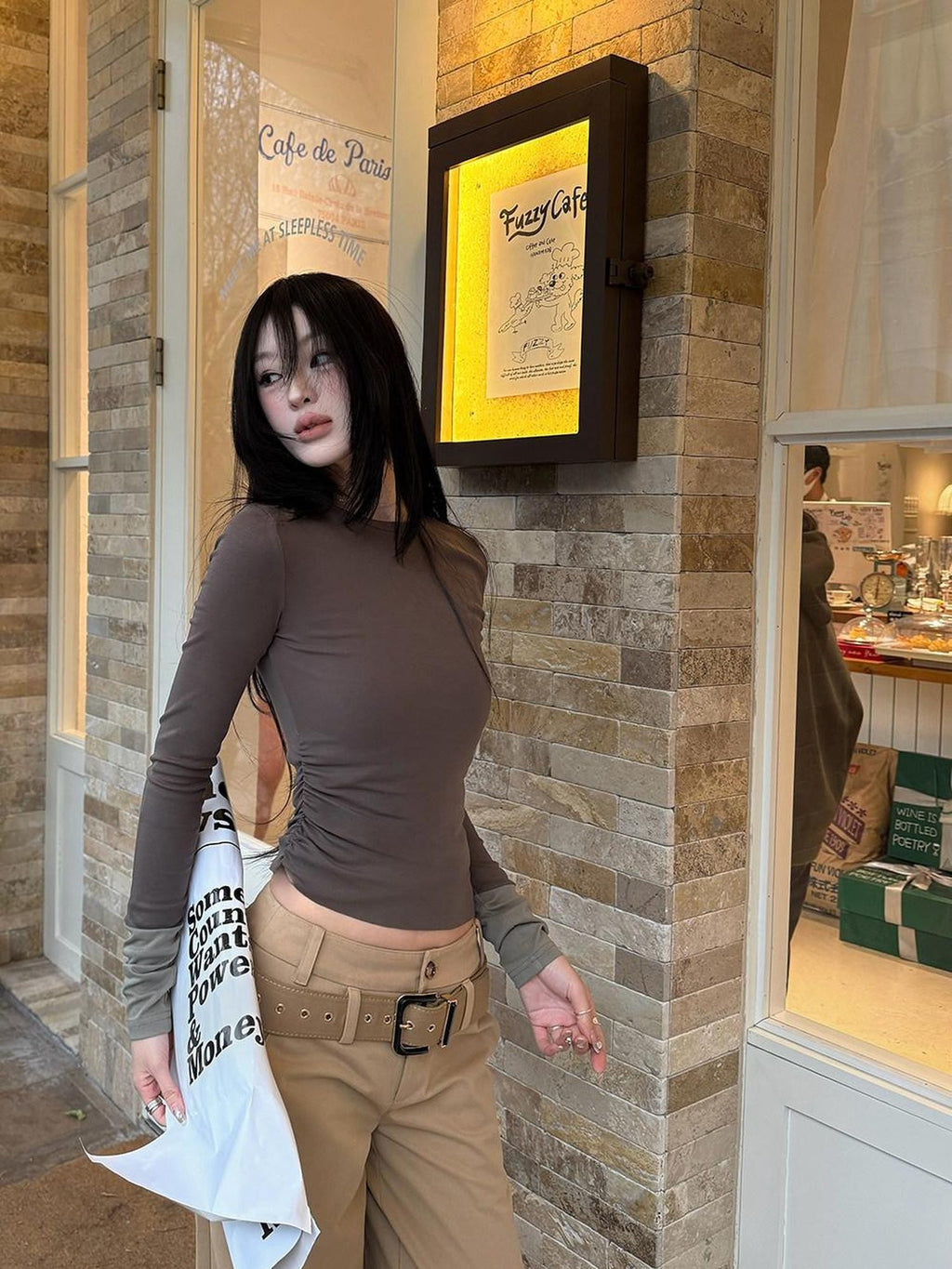 Fanptntox Brown Waist Pleated Knit Panel Slim Women's Knit Long Sleeve T-shirts