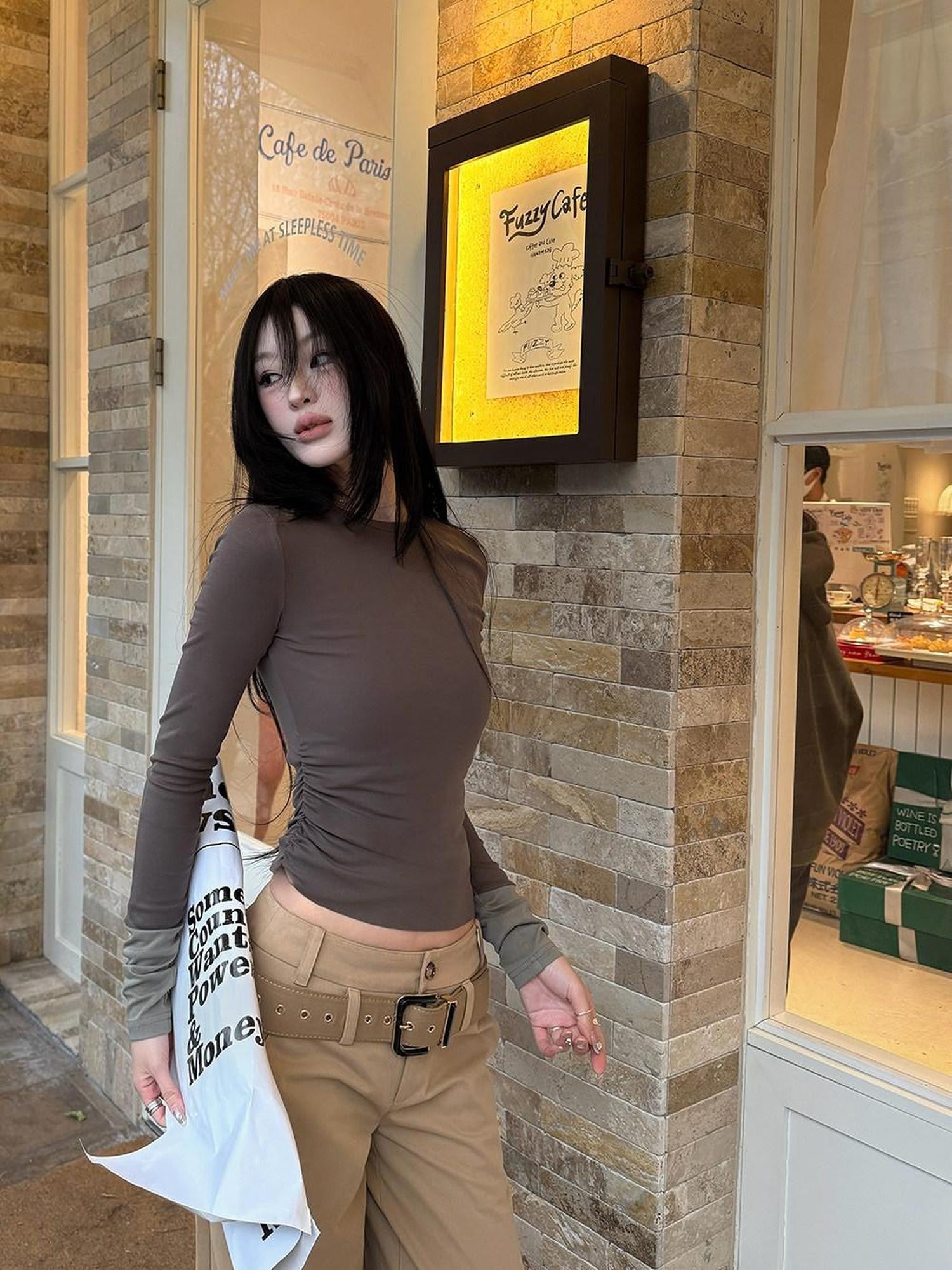 Fanptntox Brown Waist Pleated Knit Panel Slim Women's Knit Long Sleeve T-shirts