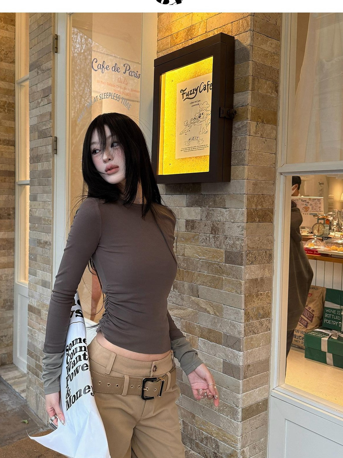 Fanptntox Brown Waist Pleated Knit Panel Slim Women's Knit Long Sleeve T-shirts