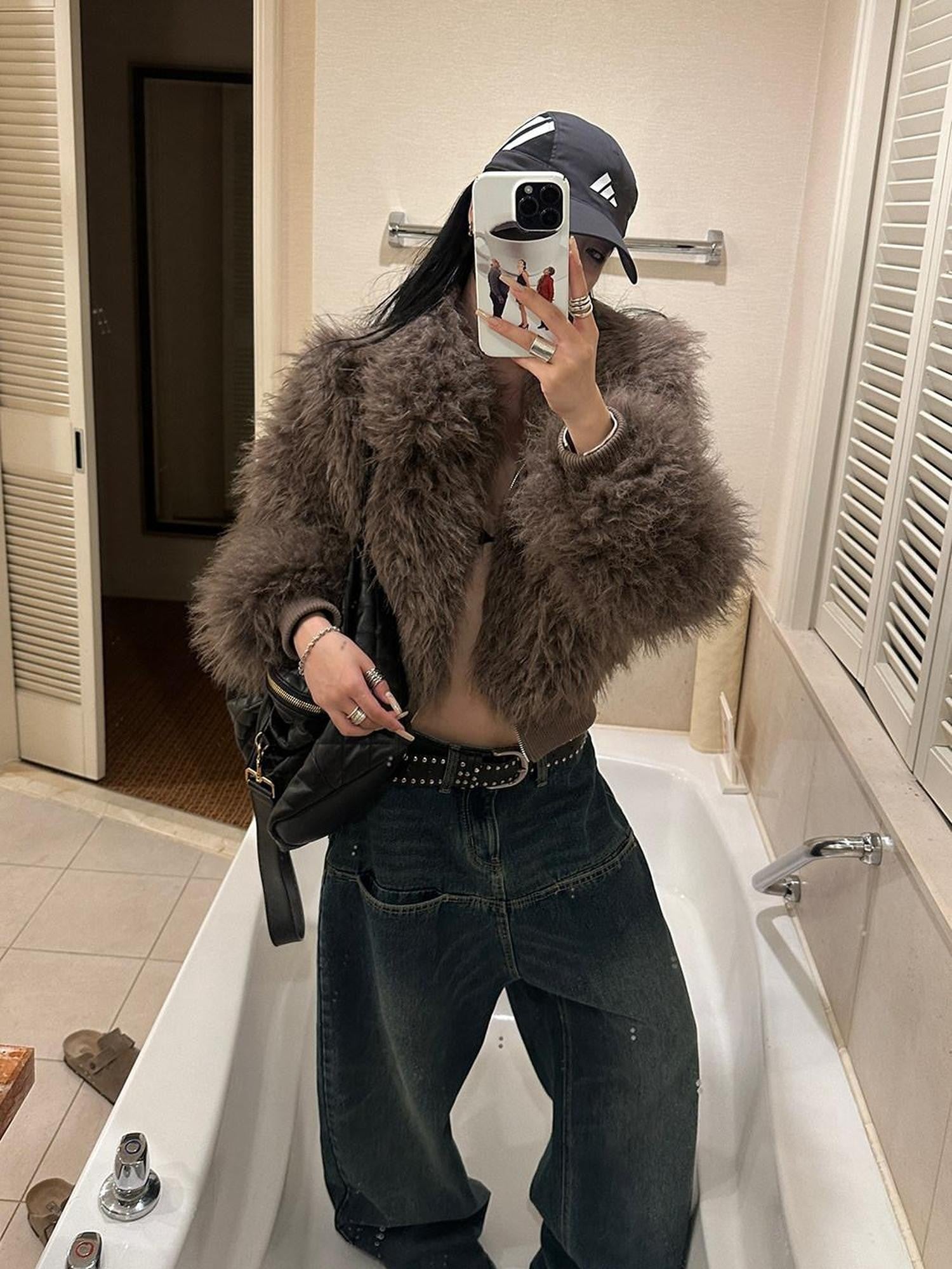 Fanptntox Brown Zipper Fluffy Short Loose Women's Plush Faux Fur Coats