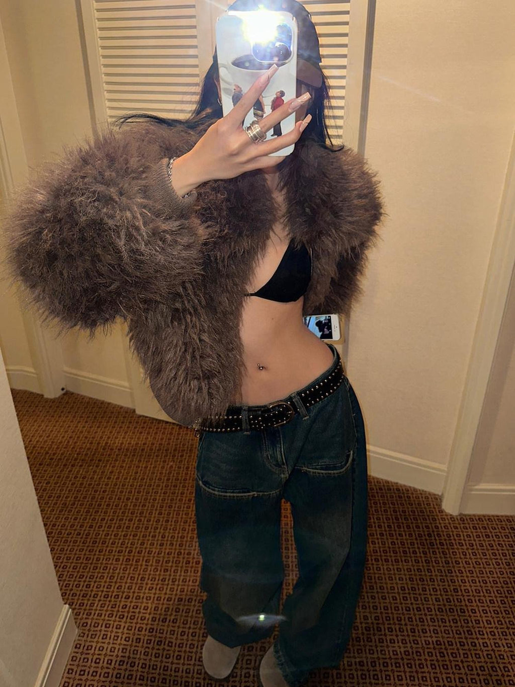 Fanptntox Brown Zipper Fluffy Short Loose Women's Plush Faux Fur Coats