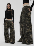 Fanptntox Camouflage Print Low Rise Utility Straight Loose Women's Cotton Wide-leg Pants