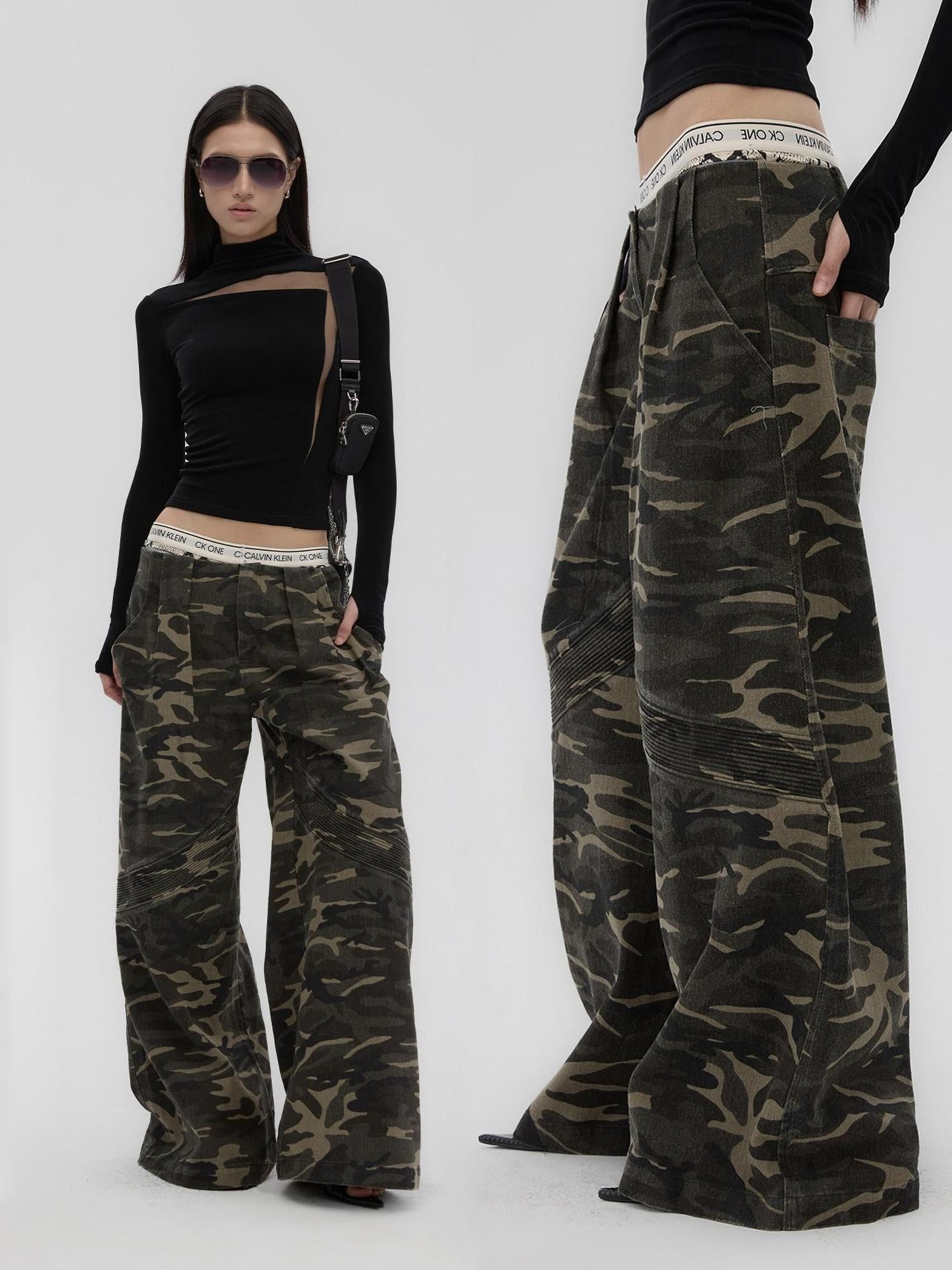 Fanptntox Camouflage Print Low Rise Utility Straight Loose Women's Cotton Wide-leg Pants