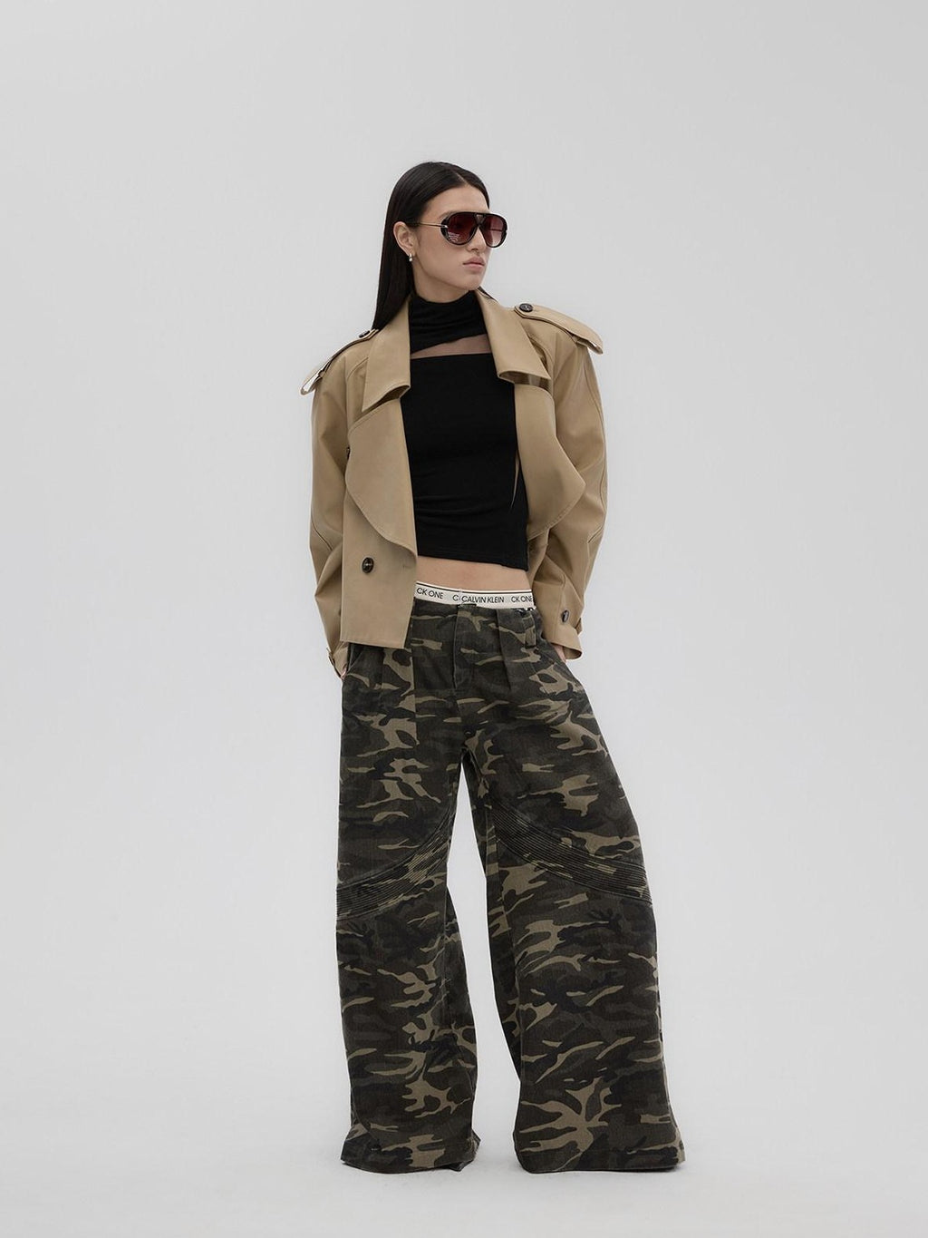 Fanptntox Camouflage Print Low Rise Utility Straight Loose Women's Cotton Wide-leg Pants