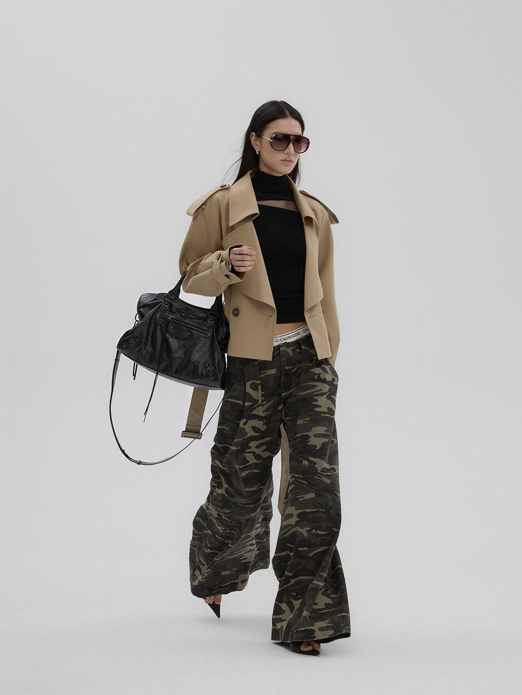 Fanptntox Camouflage Print Low Rise Utility Straight Loose Women's Cotton Wide-leg Pants