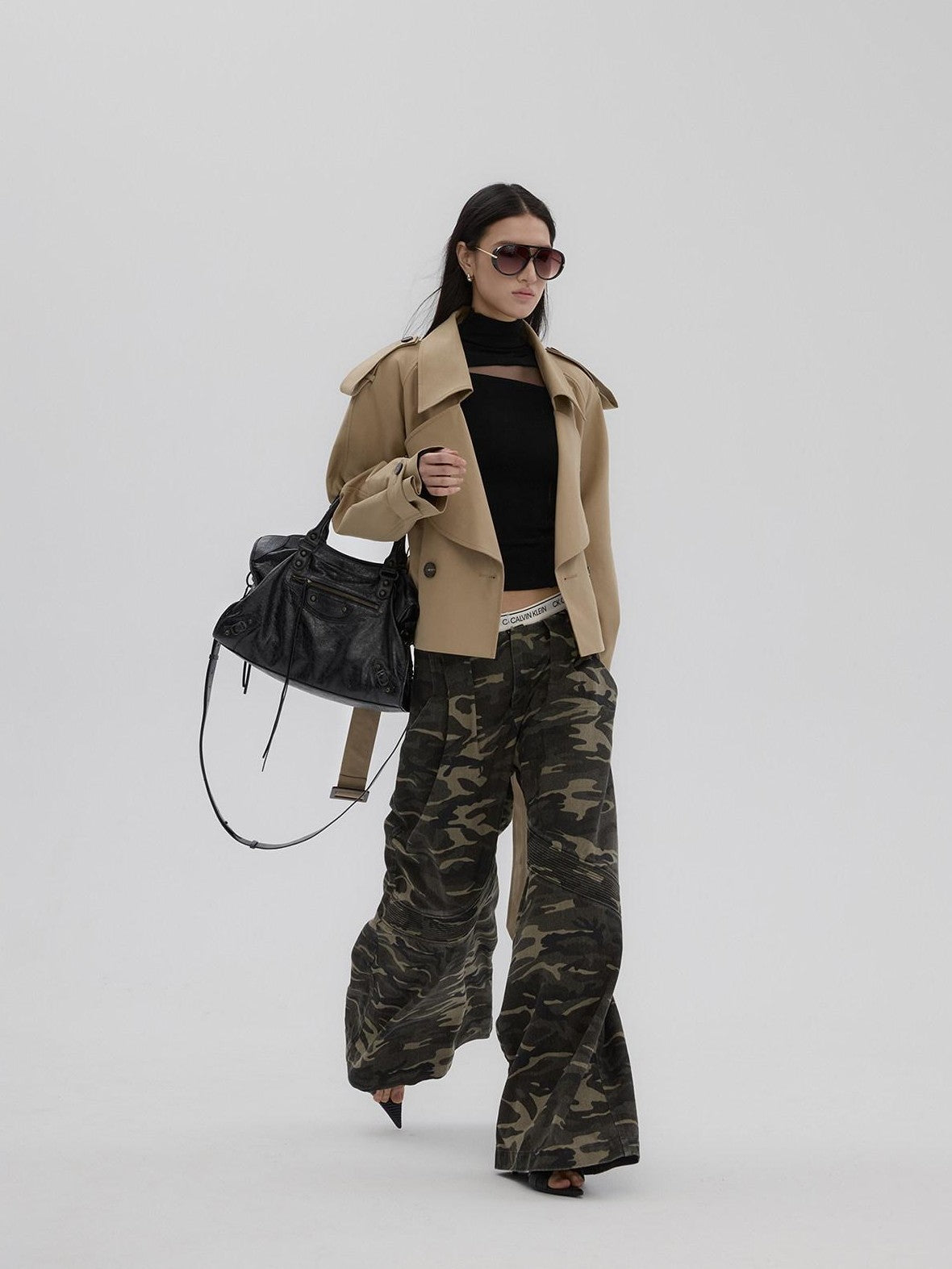 Fanptntox Camouflage Print Low Rise Utility Straight Loose Women's Cotton Wide-leg Pants