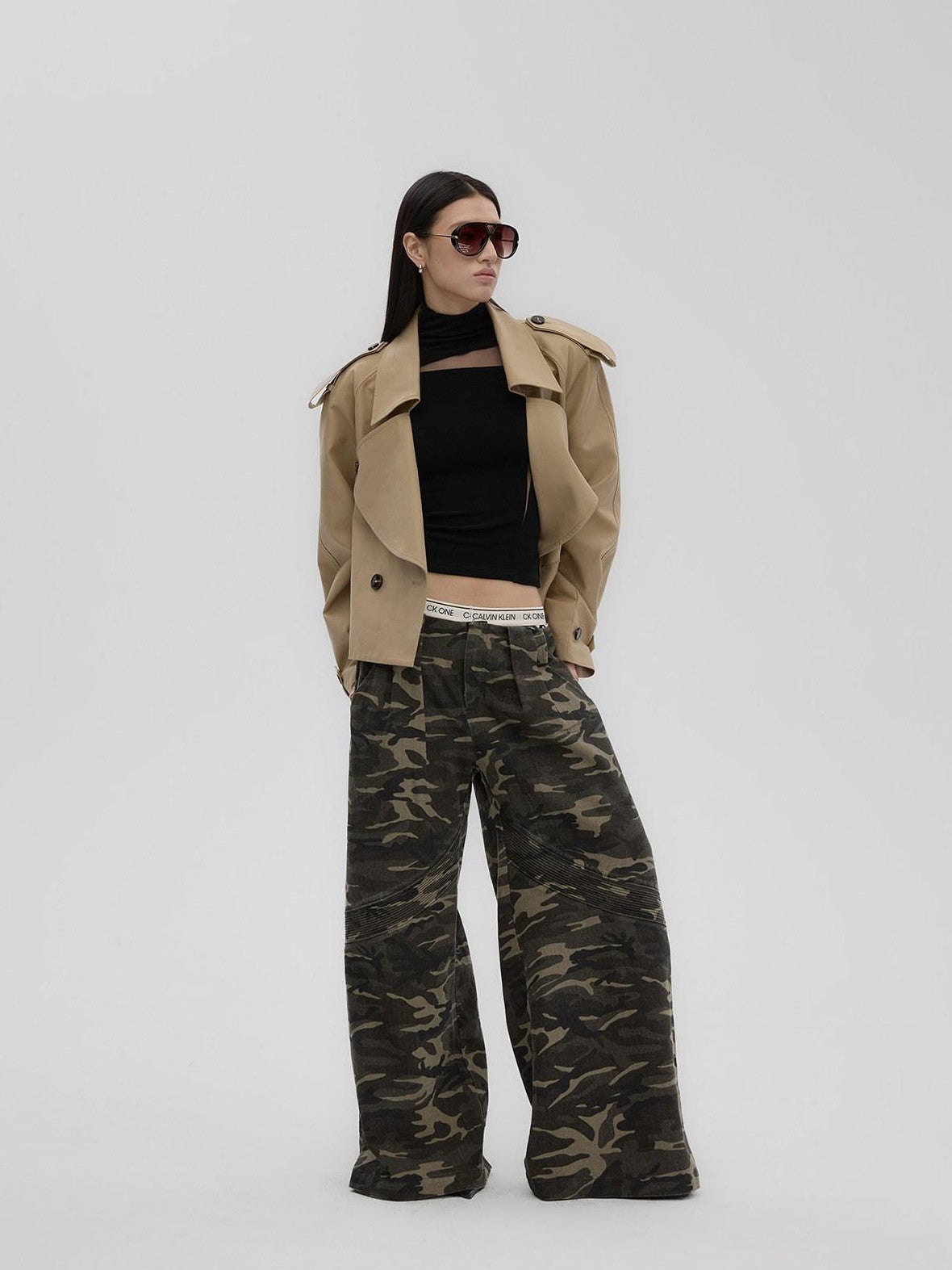 Fanptntox Camouflage Print Low Rise Utility Straight Loose Women's Cotton Wide-leg Pants