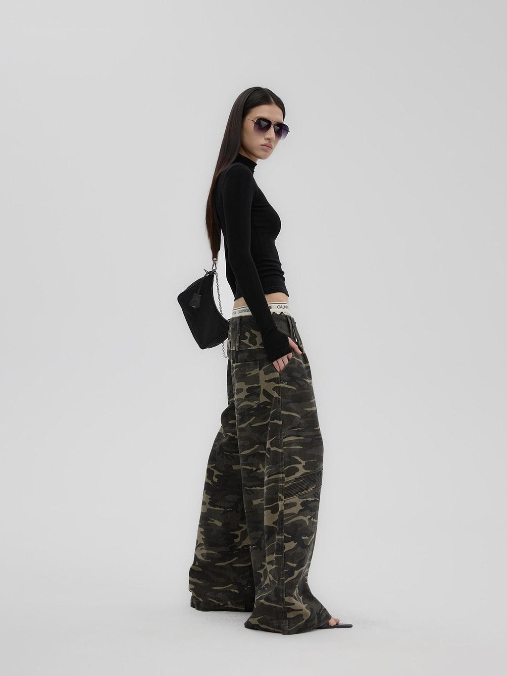 Fanptntox Camouflage Print Low Rise Utility Straight Loose Women's Cotton Wide-leg Pants