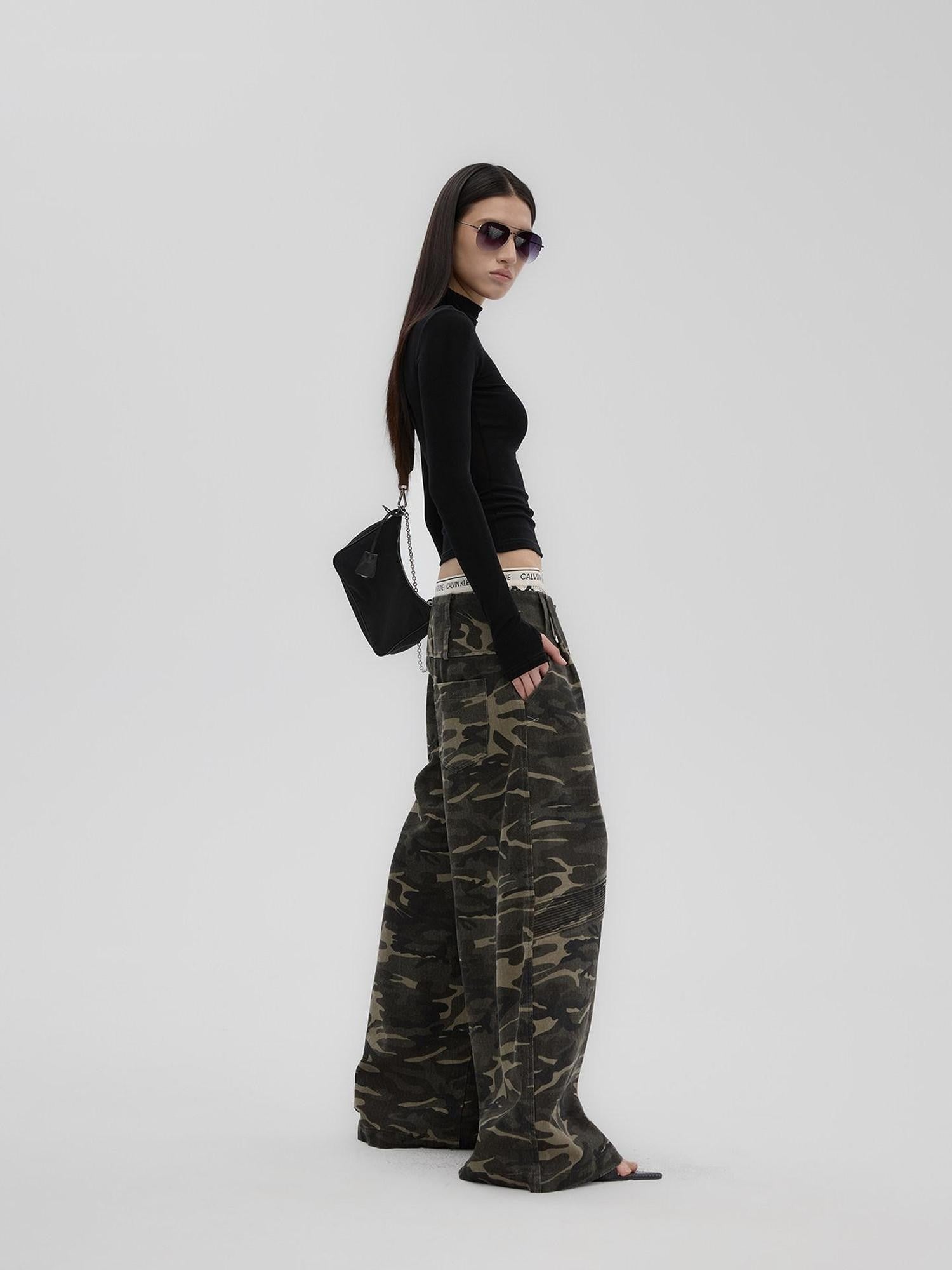 Fanptntox Camouflage Print Low Rise Utility Straight Loose Women's Cotton Wide-leg Pants