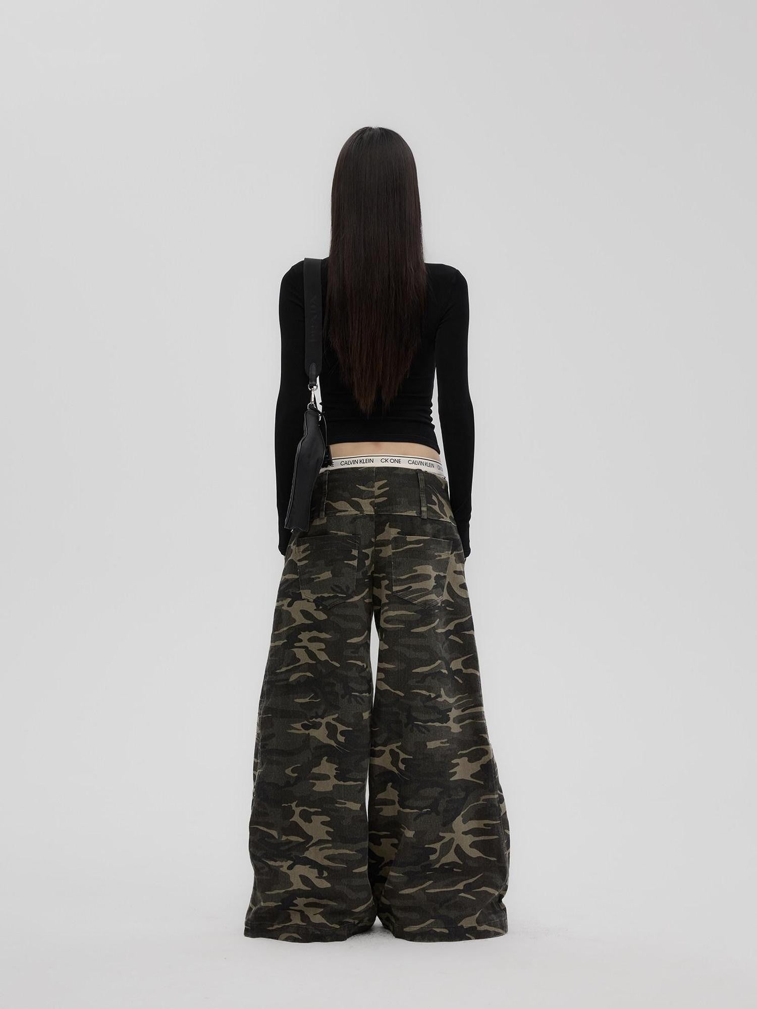 Fanptntox Camouflage Print Low Rise Utility Straight Loose Women's Cotton Wide-leg Pants