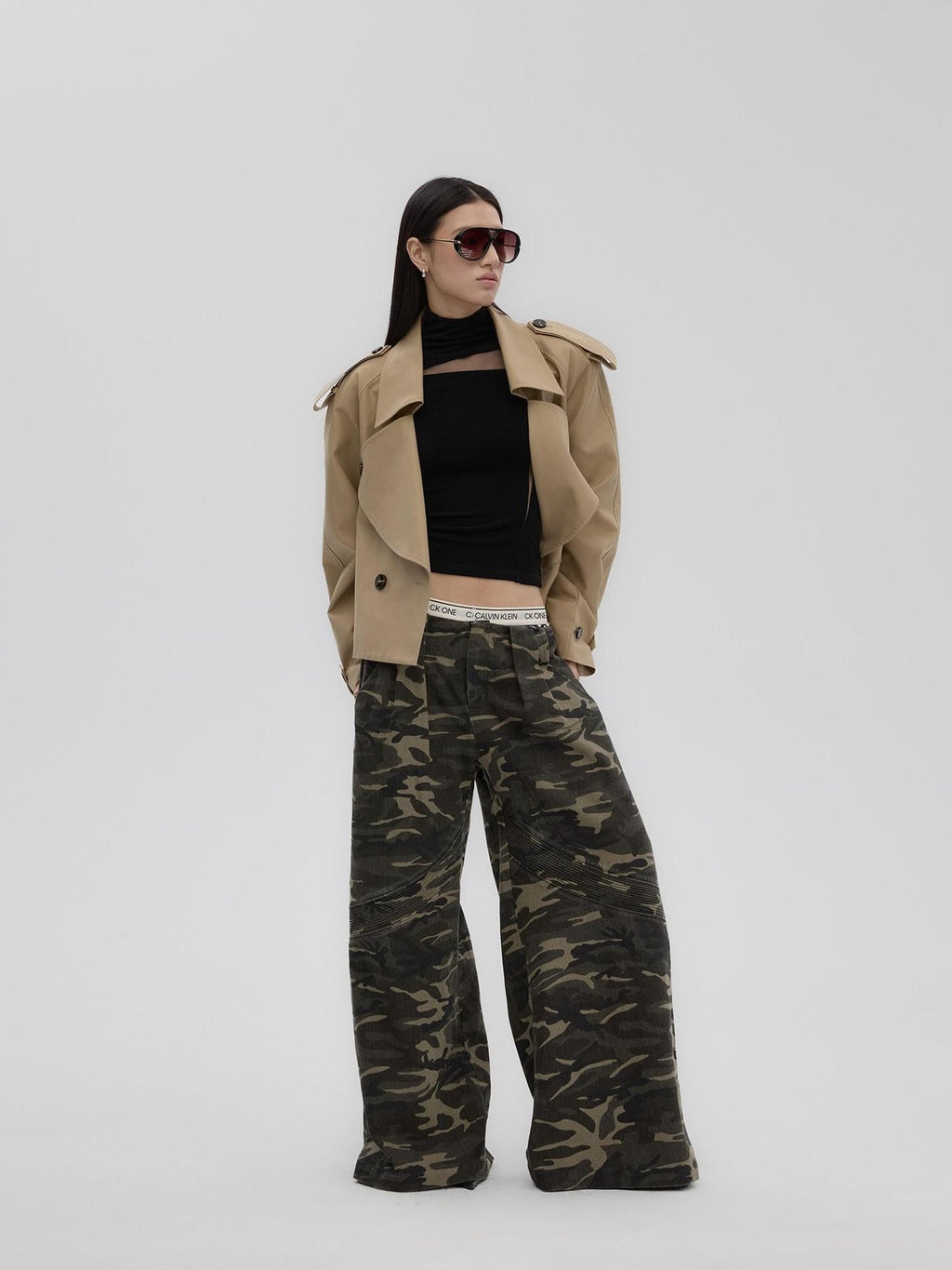 Fanptntox Camouflage Print Low Rise Utility Straight Loose Women's Cotton Wide-leg Pants